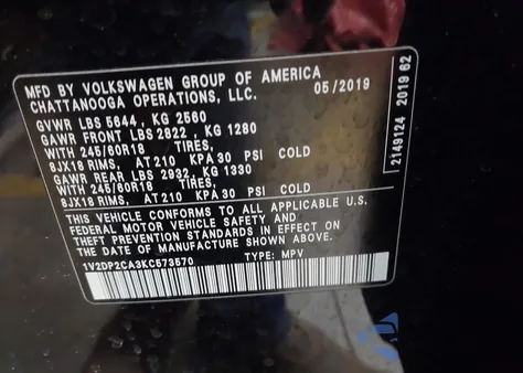 2019 Volkswagen Atlas 2.0T Se z USA, uszkodzony, nr VIN 1V2DP2CA3KC573570